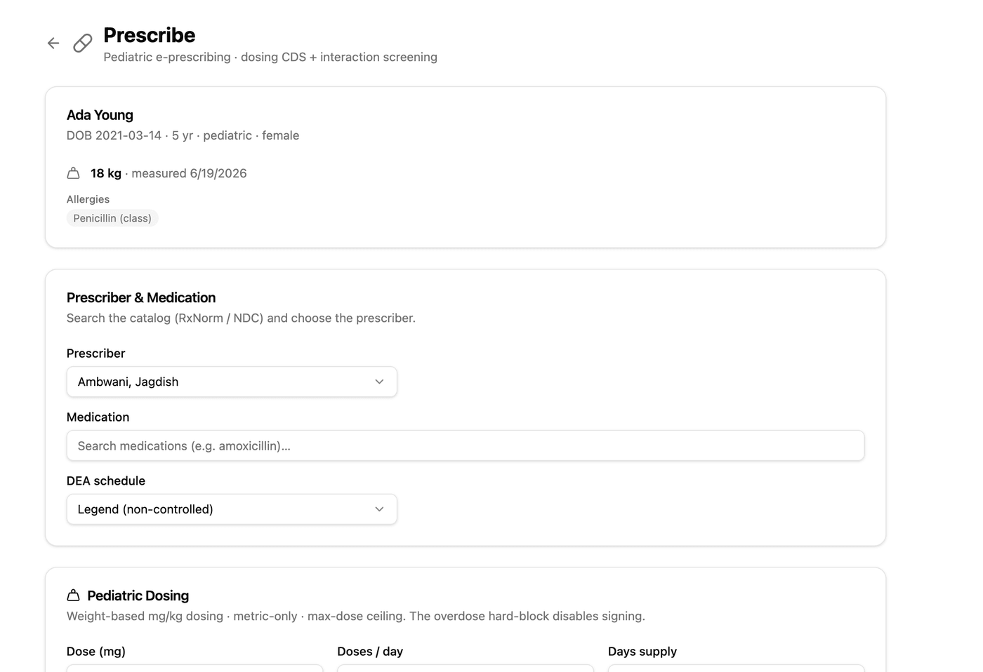 QuantCare AI e-prescribing screen showing pediatric weight-based dosing decision support